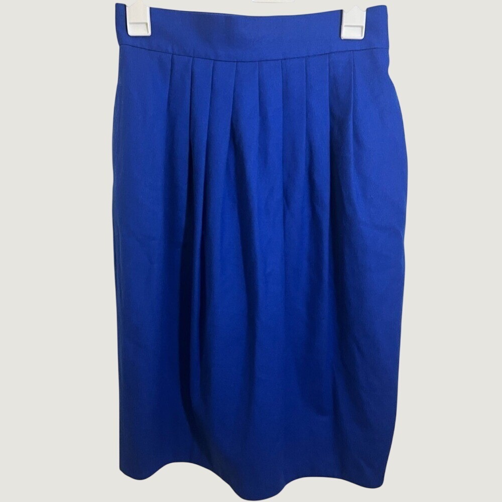 Vintage Jones New York Wool Pencil Skirt Cobalt Blue Pleated High Waist 8 USA